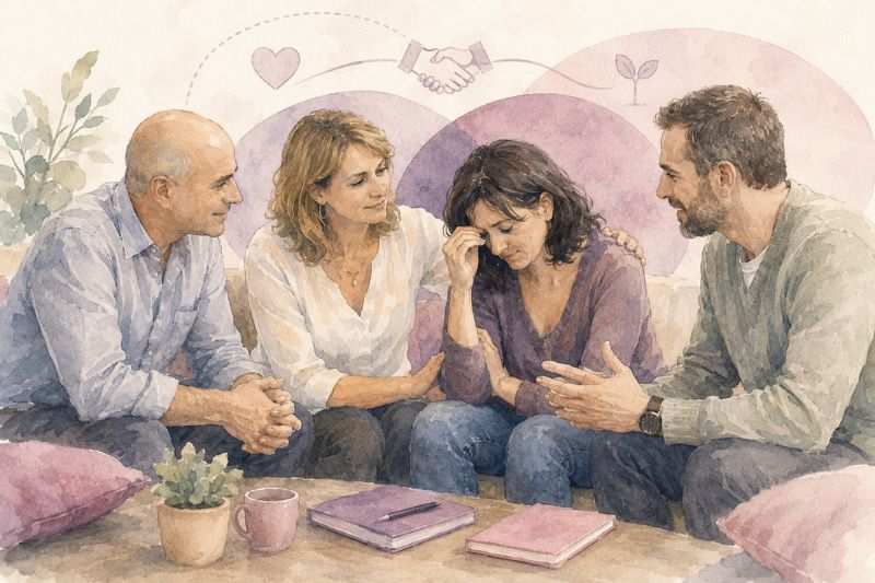 Professionnels de santé en interaction clinique soutenante, illustrant la Thérapie du Lien et des Mondes Relationnels dans l’accompagnement du trauma complexe.