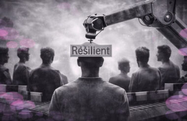 Silhouettes sur un tapis roulant recevant un tampon “Résilient” via un bras mécanique, en noir et blanc avec touches rose et violet.