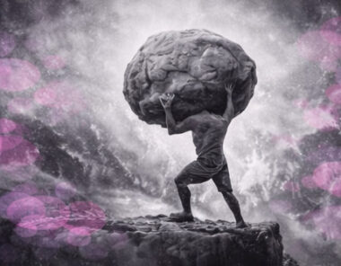 Silhouette portant un énorme rocher seul au bord d’un précipice, en noir et blanc avec touches rose et violet.