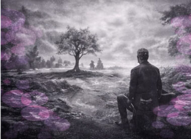 Silhouette seule face à un paysage brumeux et dévasté, en noir et blanc avec touches rose et violet.