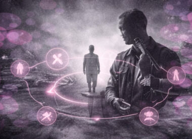 Personne assise dans un cercle de lumière reliée par des rayons à plusieurs points d’ancrage, en noir et blanc avec touches rose et violet