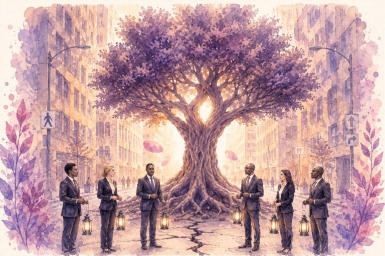 Arbre centenaire dont les racines soulèvent le goudron au milieu d’une ville ultra-moderne en noir et blanc avec touches rose et violet.
