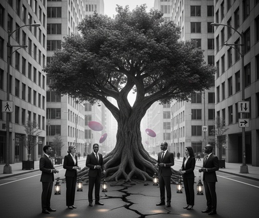 Arbre centenaire dont les racines soulèvent le goudron au milieu d’une ville ultra-moderne en noir et blanc avec touches rose et violet.