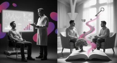 Scène divisée en deux : à gauche une thérapie réduite à un écran de performance, à droite des images symboliques émergent dans l’échange, en noir et blanc avec touches rose et violet.