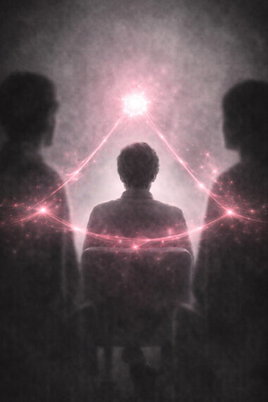 Trois silhouettes reliées par une lumière centrale, symbolisant le passage de la relation duelle à une dimension relationnelle universelle.