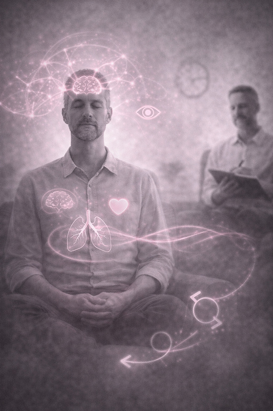 Personne en méditation, avec symboles roses évoquant cerveau, souffle et répétition, observée en arrière-plan.