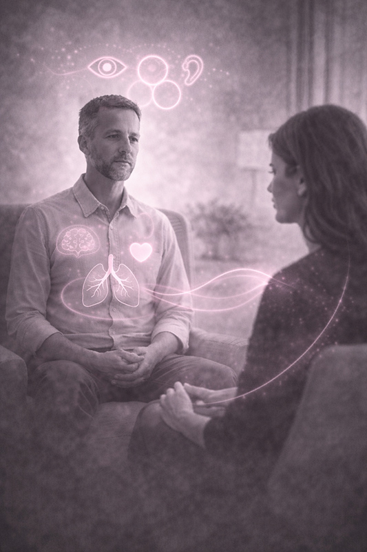 Thérapeute et patiente en séance, avec touches roses évoquant perception, écoute, souffle et lien relationnel.