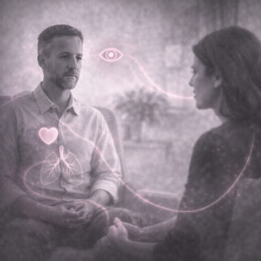 Thérapeute et cliente assis en séance, avec touches roses évoquant regard, souffle et lien relationnel illustrant la présence du thérapeute