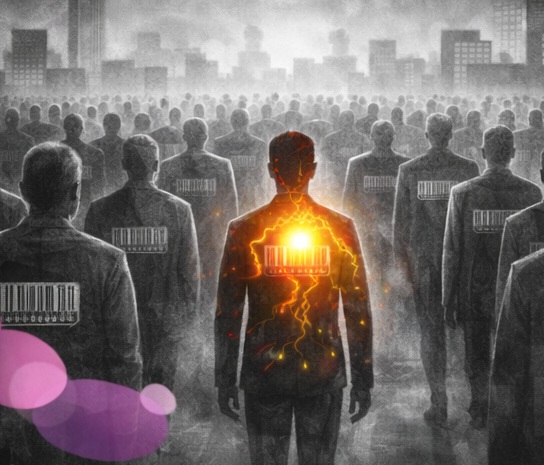 Ville en noir et blanc remplie de silhouettes uniformes portant des codes-barres, avec une silhouette centrale s’illuminant de l’intérieur ; accents rose et violet Mimethys.