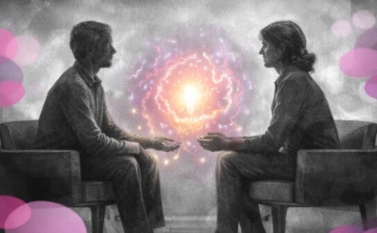Deux silhouettes assises face à face dans une atmosphère créative, en noir et blanc avec touches rose et violet Mimethys représentant l'intime dans l'espace sociétal