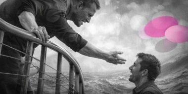 Un thérapeute s’appuie sur une rampe solide au-dessus de vagues, se penchant vers un patient, en noir et blanc avec touches rose et violet Mimethys illustrant la vulnérabilité du thérapeute