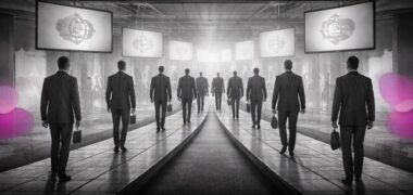 Silhouettes humaines marchant sur un tapis roulant sous des écrans uniformes, en noir et blanc avec accents rose et violet Mimethys.