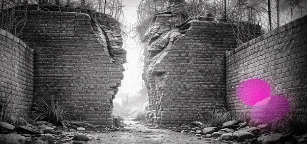 Paysage urbain en noir et blanc avec un mur de briques fissuré, symbolisant la libération de la pensée, avec accents rose et violet Mimethys.