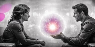 Deux personnes assises face à face avec une sphère lumineuse flottant entre elles, en noir et blanc avec accents rose et violet Mimethys.