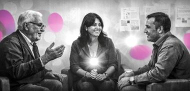 Scène de dialogue circulaire réunissant Eric Bardot, Cyril Tarquinio et Sabria Tahar, en noir et blanc avec touches rose et violet Mimethys.