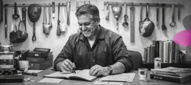 Clinicien assis à un établi entouré d’outils théoriques et pratiques, en noir et blanc avec touches rose et violet Mimethys.