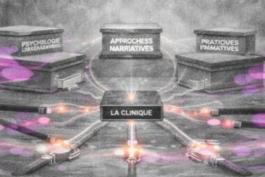 Établi organisé présentant différentes boîtes d’outils symbolisant les approches thérapeutiques reliées à un noyau central : la clinique.