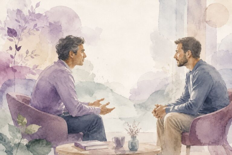 « Deux personnes séparées par une faille sombre symbolisant le traumatisme, avec touches de rose et violet Mimethys »
