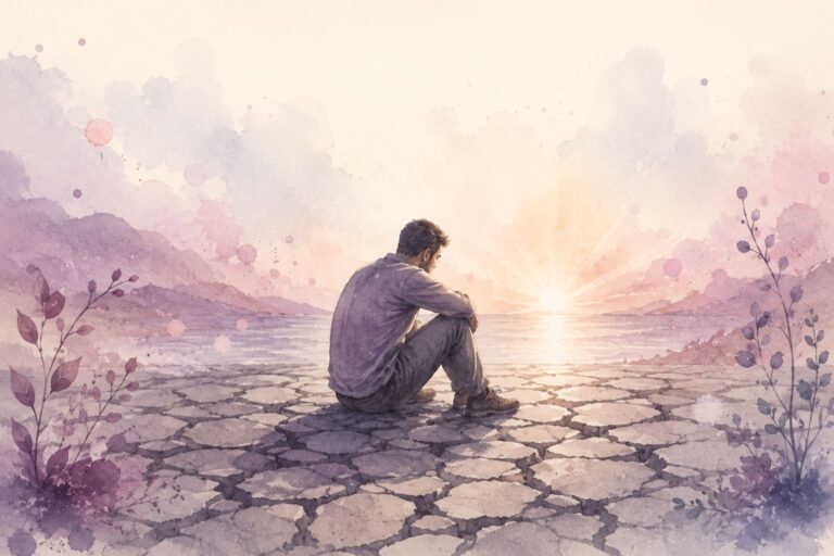 Personne assise au milieu d’un sol craquelé et désertique, symbolisant le monde traumatique et l’effondrement initial.