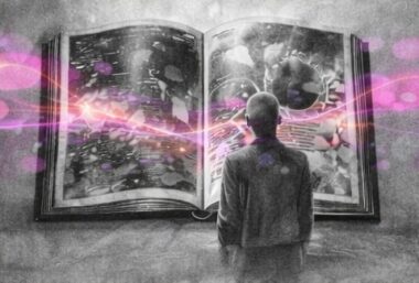 Personne debout face à un grand livre ouvert représentant son histoire traumatique.