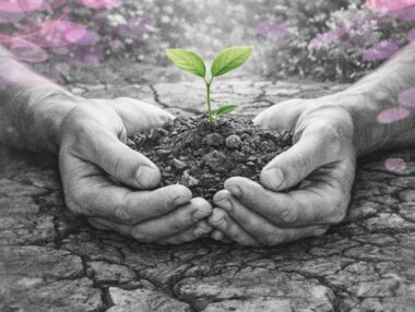 Deux mains soutenant une jeune pousse sortant d’une terre fissurée, symbolisant la transmission et la croissance malgré une histoire traumatique, en noir et blanc avec touches rose et violet Mimethys.