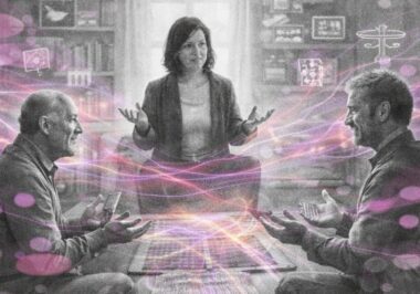 Trois cliniciens en discussion dans un espace chaleureux, reliés par des fils lumineux symbolisant la transmission dans la clinique du lien, en noir et blanc avec accents rose et violet Mimethys illustrant le transgénérationnel et monde traumatique