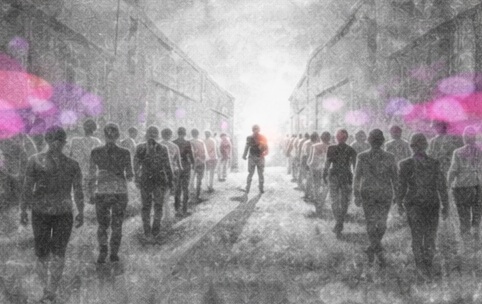 Foule de silhouettes grises marchant dans un couloir étroit, représentant le discours dominant.