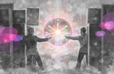 Personne ouvrant des cadres rigides pour accéder à une boussole lumineuse et un chemin vivant.