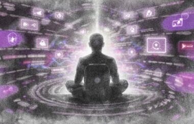 Personne assise au centre d’un tourbillon de notifications et d’icônes numériques.