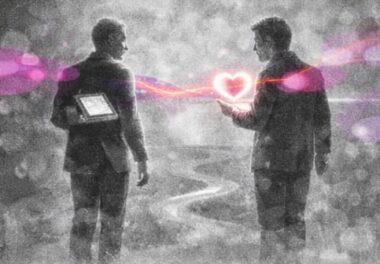 Deux personnes marchant côte à côte, l’une avec un livre, l’autre avec un symbole de lien lumineux.
