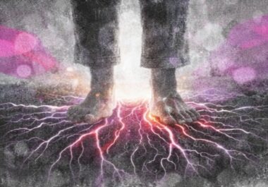 Personne debout, racines lumineuses partant de ses pieds vers le sol qui illustre penser autrement