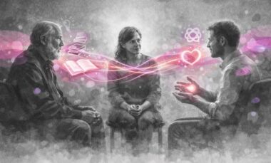 Bertrand Vergely, Eric Bardot et Sabria Tahar discutant dans un espace lumineux reliant leurs idées.