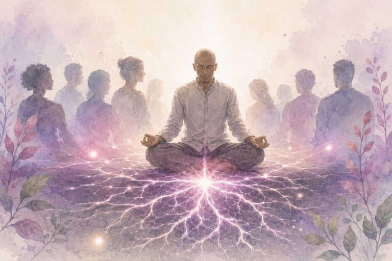 Personne en état d’hypnose, reliée à un réseau de racines lumineuses représentant l’histoire transgénérationnelle.