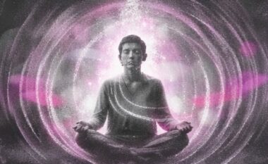 Personne en hypnose au centre d’un cocon d’ondes lumineuses évoquant l’imaginaire et la présence.