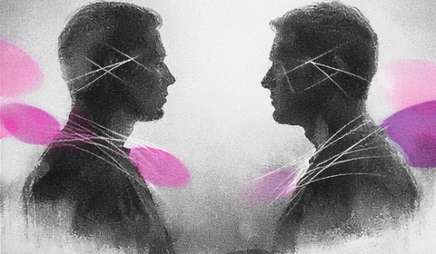 Deux silhouettes de profil connectées par des lignes de force symbolisant l’interaction corporelle subtile illustrant le corps en thérapie.