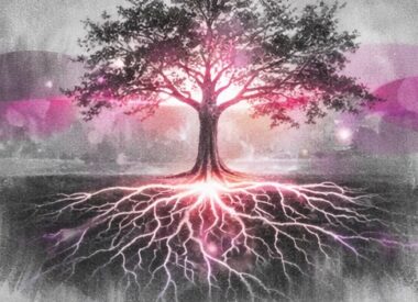 Arbre avec racines lumineuses représentant l’appartenance assumée et la liberté de croissance.