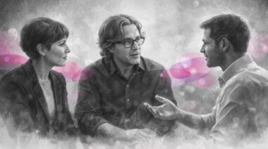 Sophie Cohen, Eric Bardot et Stéphane Roy en discussion, illustrés en noir et blanc avec touches rose et violet Mimethys.