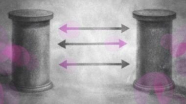 Deux piliers reliés par des flèches qui vont et viennent, en noir et blanc avec touches rose et violet illustrant le concept de résilience