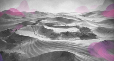 Des dunes de sable marquées par une trace profonde et stable, en noir et blanc avec touches rose et violet.