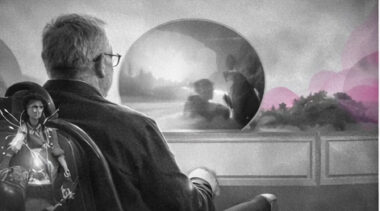 Un thérapeute assis, un sac entrouvert laissant s’échapper des éclats de lumière, en noir et blanc avec touches rose et violet, symbolisant son monde relationnel.