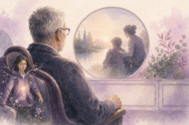 Un thérapeute assis, un sac entrouvert laissant s’échapper des éclats de lumière, en noir et blanc avec touches rose et violet, symbolisant son monde relationnel.