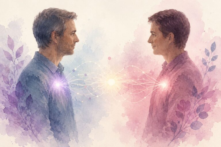 Deux silhouettes face à face reliées par des filaments lumineux colorés, en noir et blanc avec touches rose et violet, symbolisant la rencontre de deux mondes relationnels.