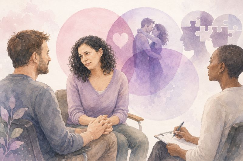 Séance de sexothérapie illustrant le lien humain et les dynamiques relationnelles dans un cadre clinique