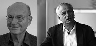 Trois sources de lumière symbolisant Boris Cyrulnik, Eric Bardot et Stéphane Roy autour d’un espace de travail en noir et blanc avec touches rose et violet.