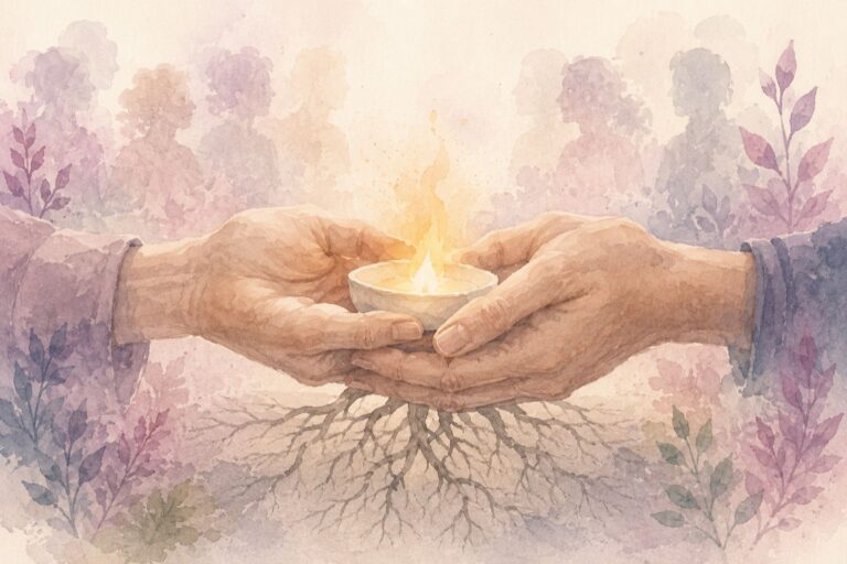 Deux mains protégeant une petite flamme au milieu d’un environnement urbain gris, en noir et blanc avec touches rose et violet, symbolisant la transmission du sens.