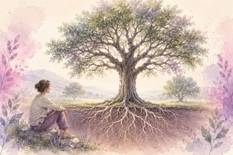 Grand arbre en noir et blanc aux racines profondes, au tronc solide et aux branches déployées, avec touches rose et violet.