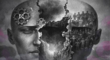 Visage humain fragmenté en trois parties symbolisant corps, psychisme et social séparés, en noir et blanc avec touches rose et violet. âme esprit corps