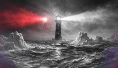 Mer tourmentée en noir et blanc avec un phare projetant un faisceau clair et un faisceau rouge, symbolisant le bien et le mal.