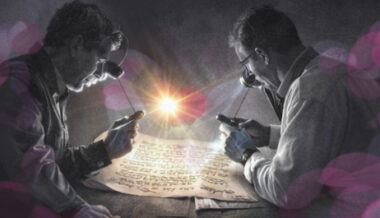 Deux hommes observant un parchemin éclairé avec deux loupes différentes, en noir et blanc avec touches rose et violet.