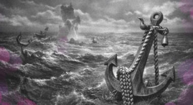 Grande ancre ancienne plantée dans une mer déchaînée, en noir et blanc avec touches rose et violet.